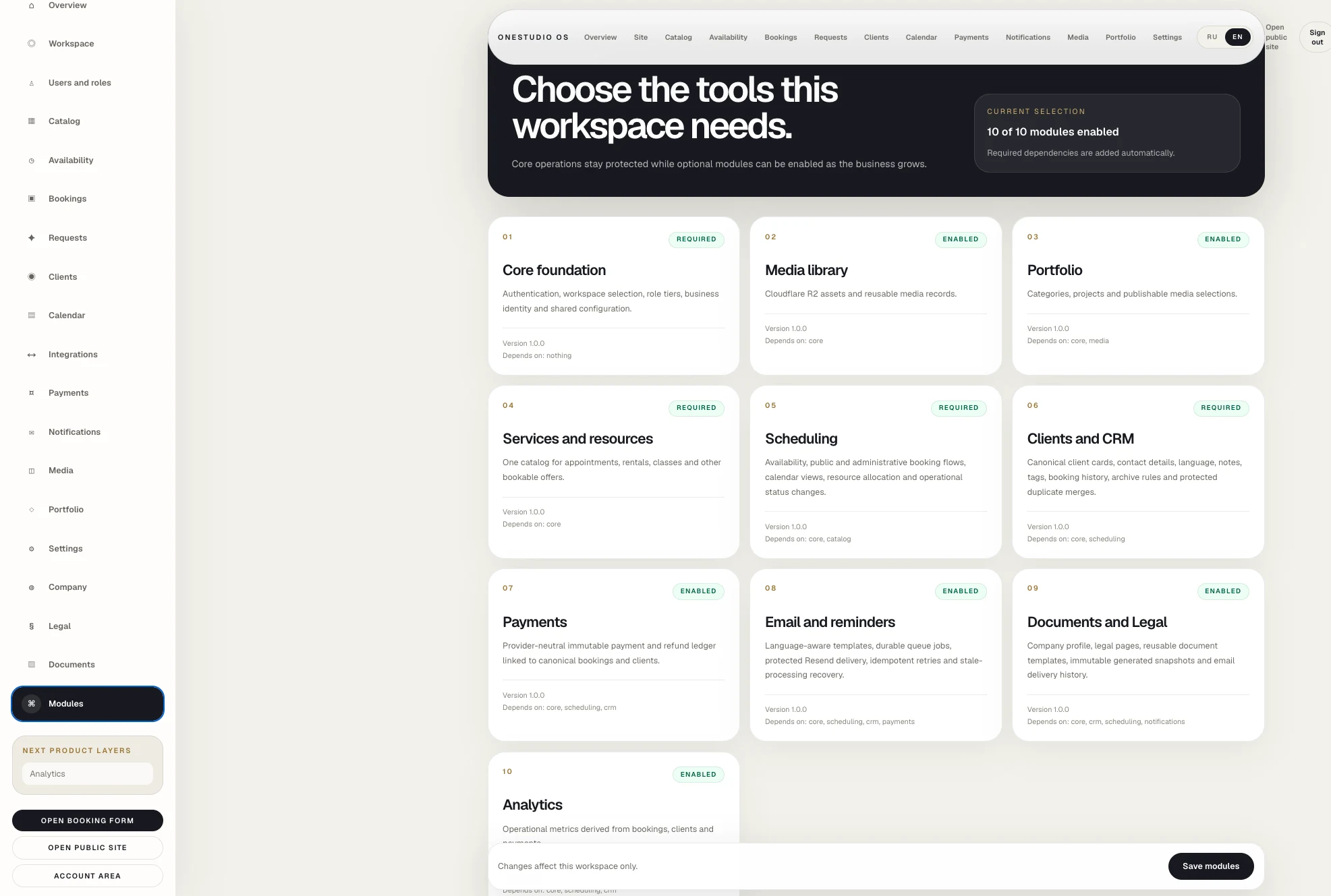 OneStudio modules and business tools