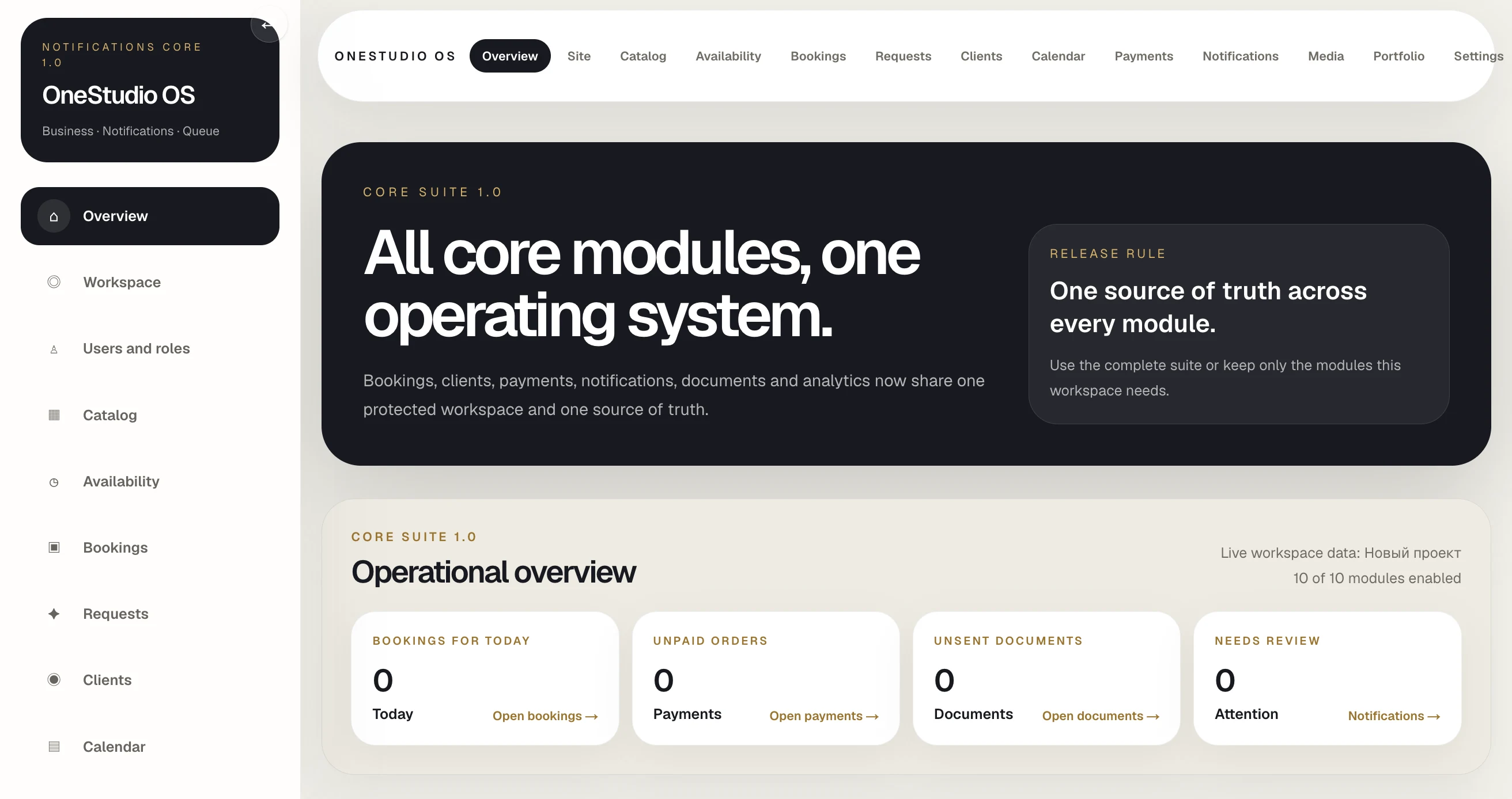 OneStudio operational overview with module status and workspace metrics