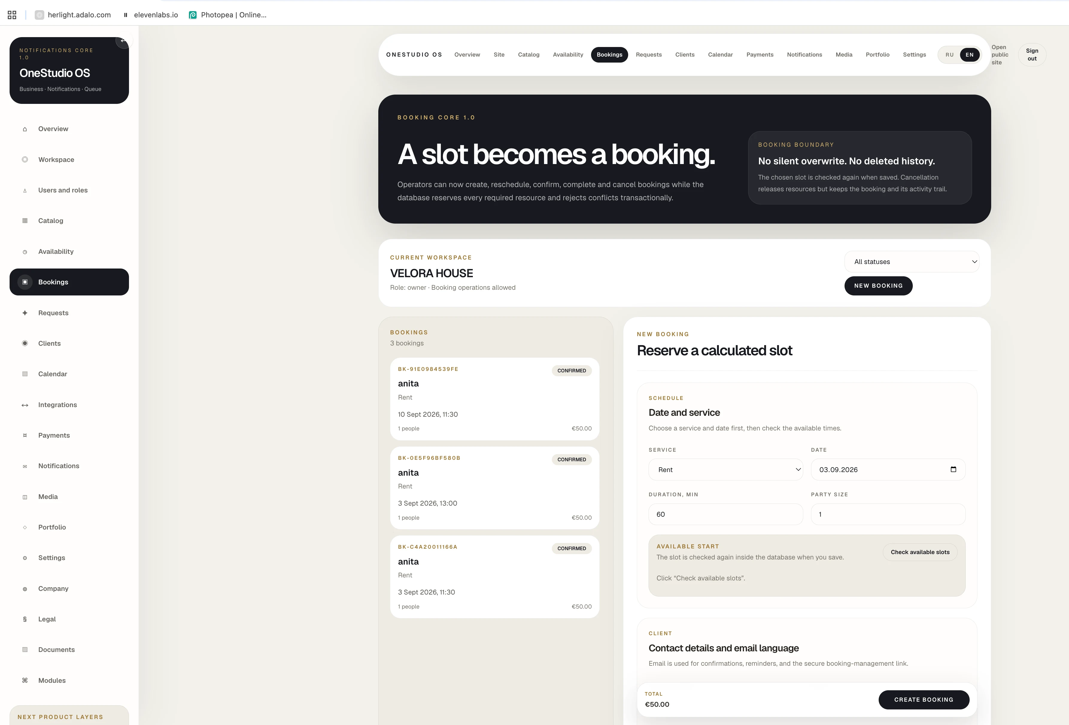 Bookings and new booking creation in OneStudio