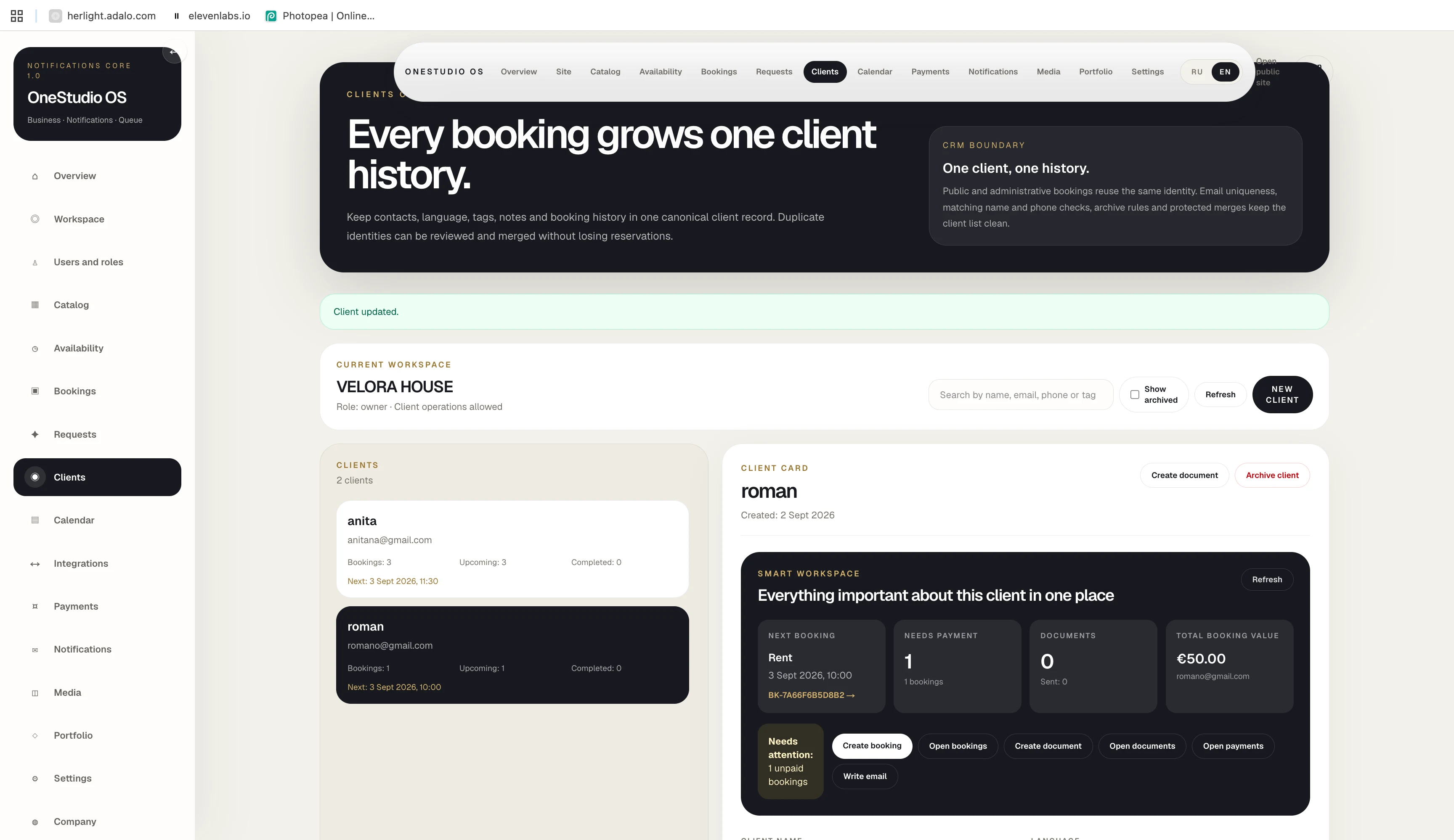 OneStudio client profile and activity history