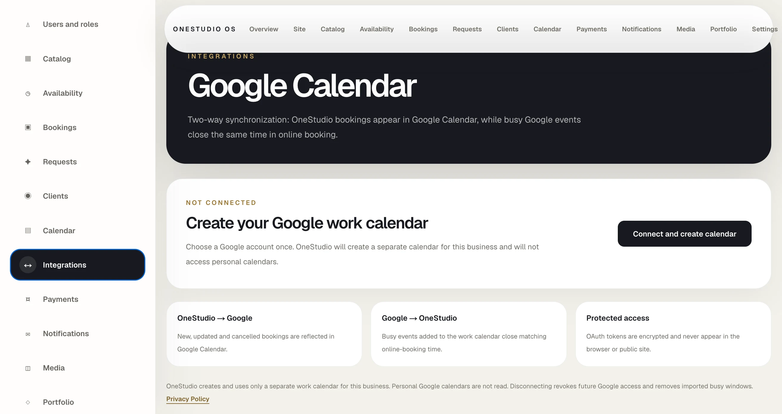 OneStudio Google Calendar integration with two-way booking sync and busy-time blocking
