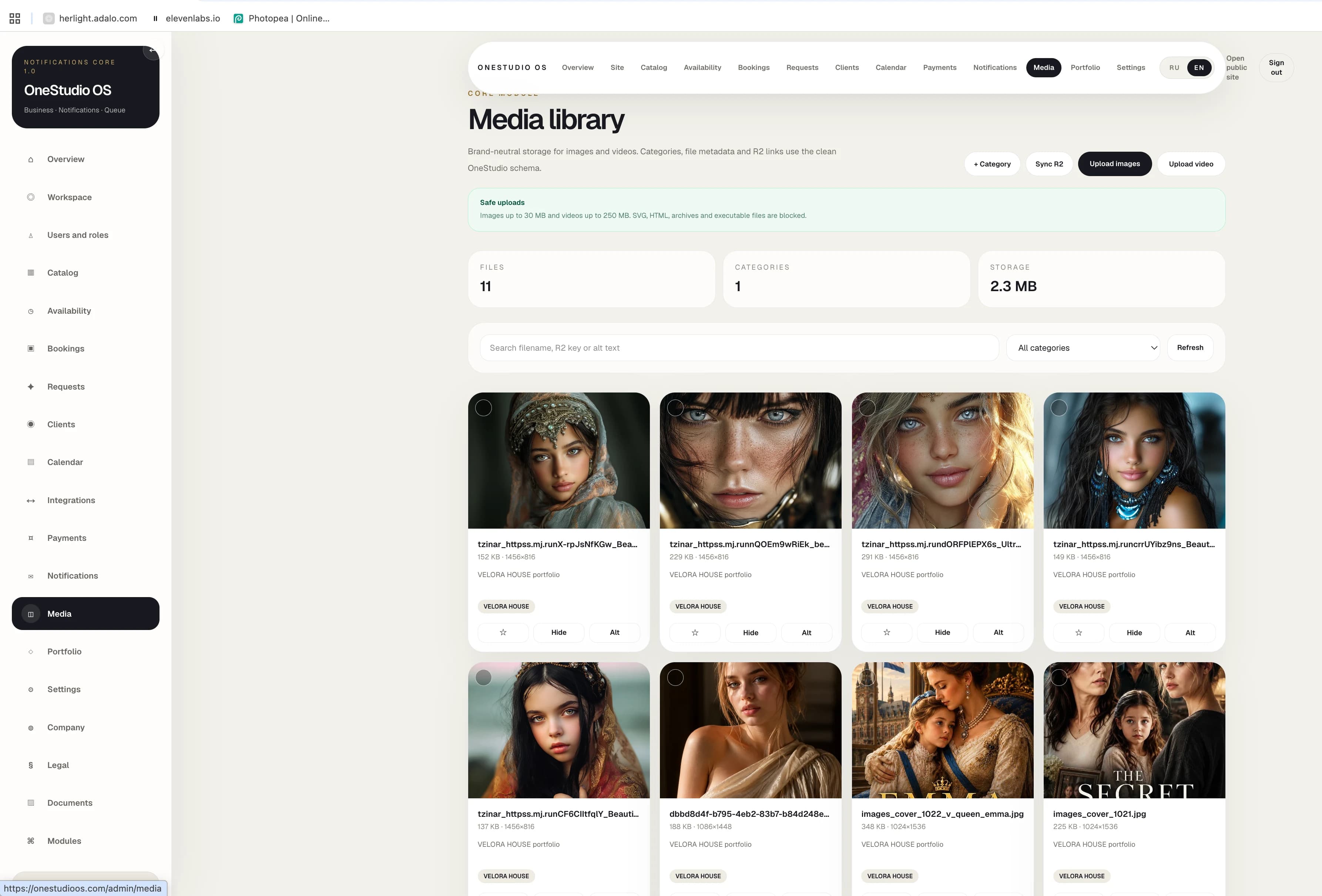 OneStudio media library with project images