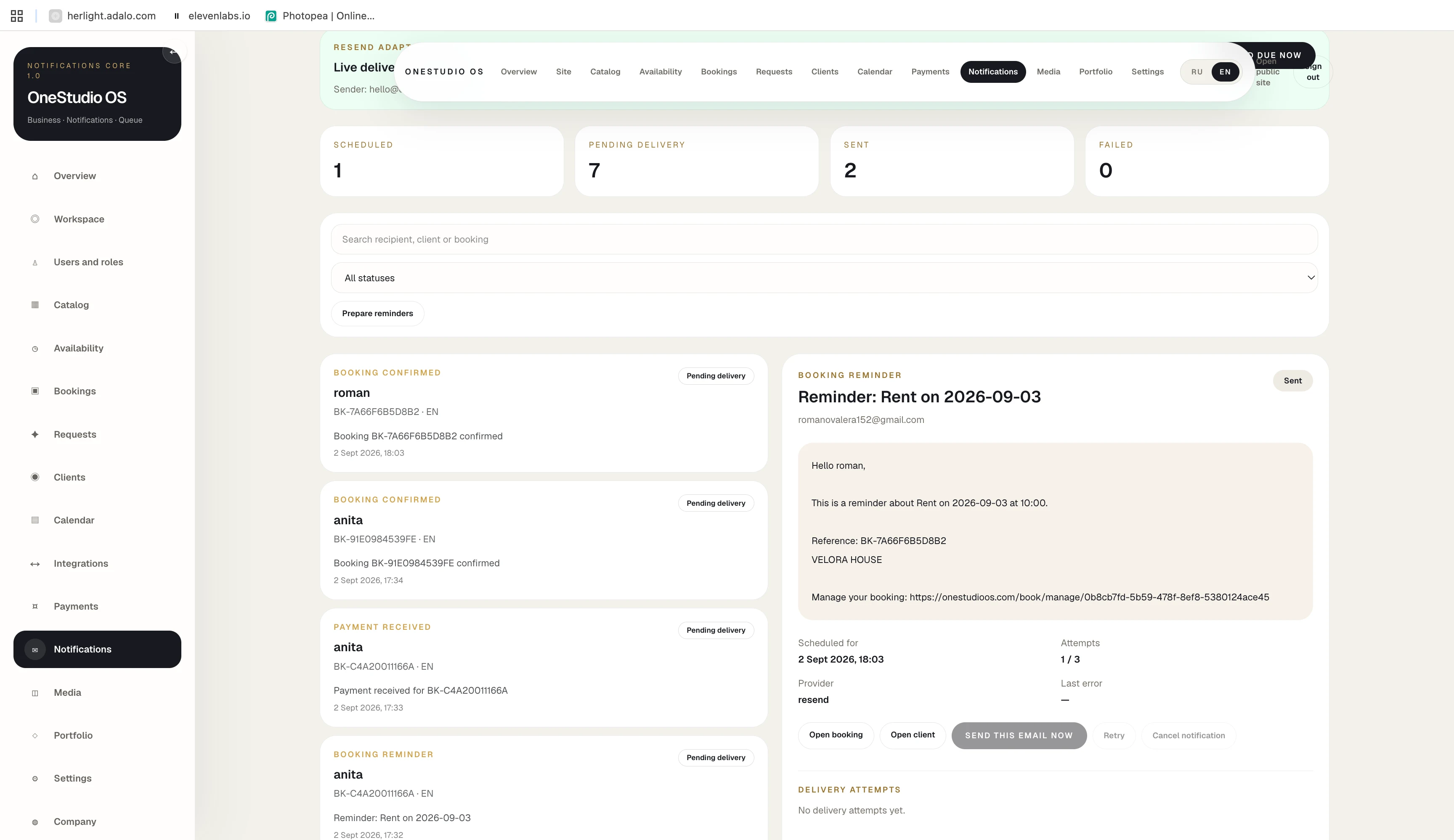 OneStudio notifications, confirmations and reminders