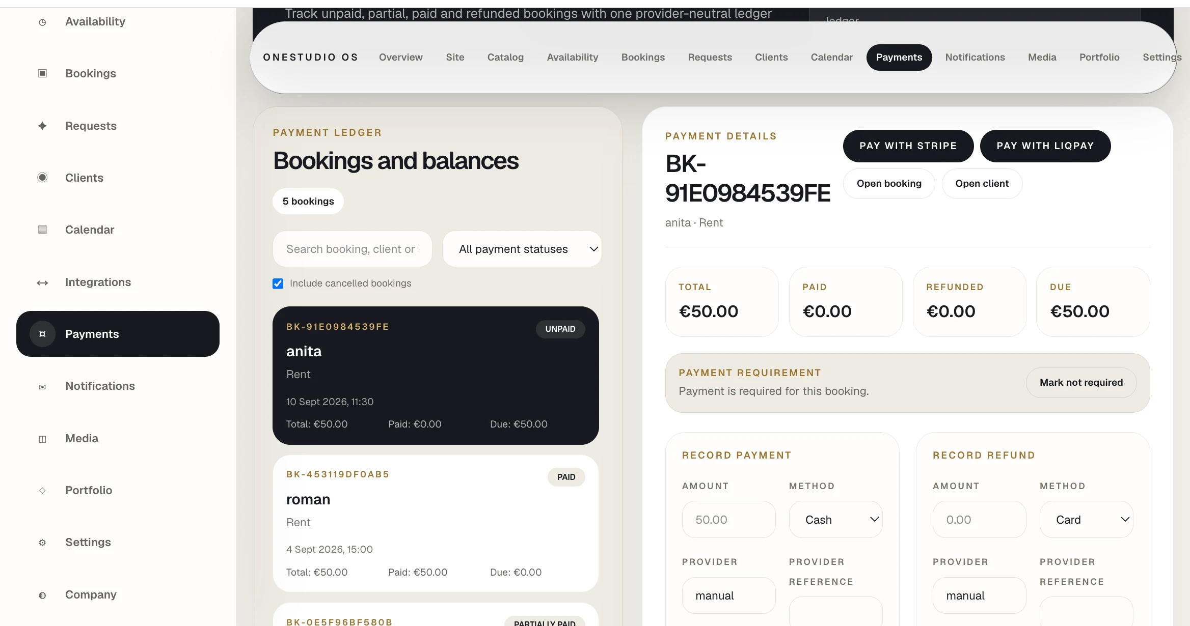 Booking payments, statuses and balances in OneStudio